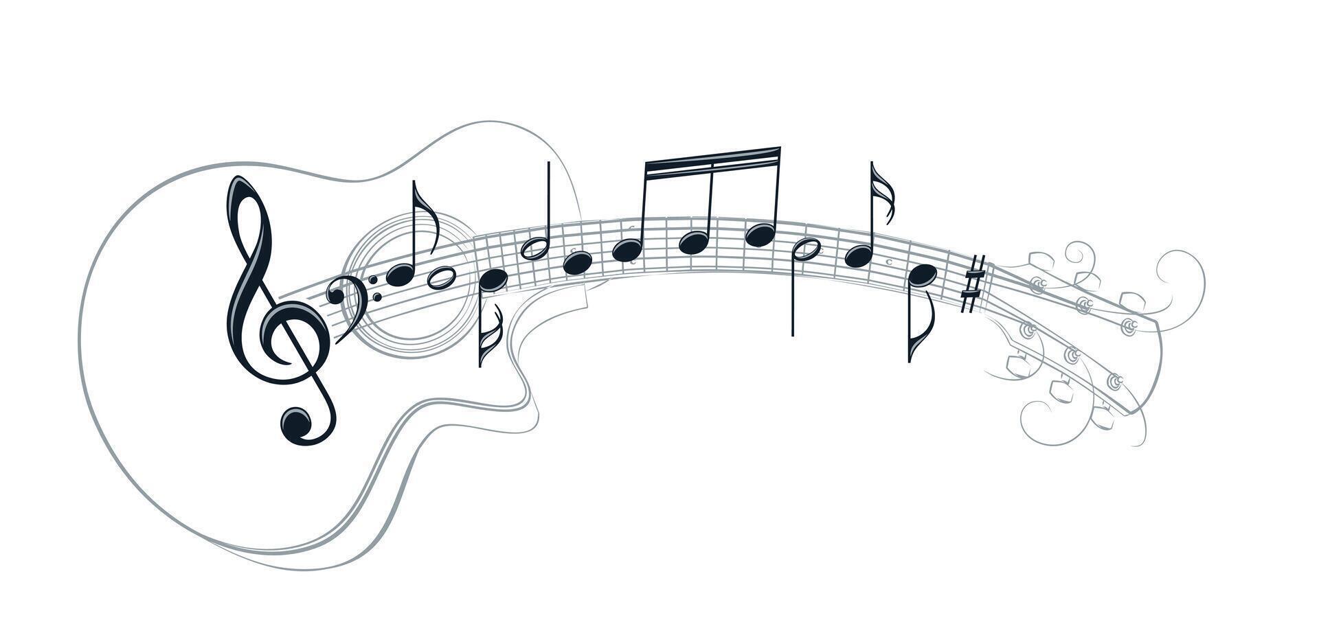 Guitar stylized symbol with musical notes. vector