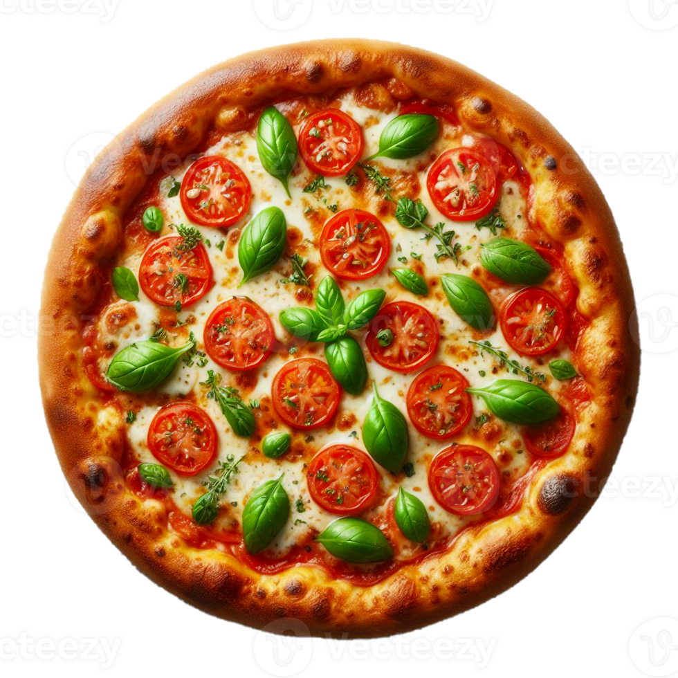 A pizza with tomatoes and basil on it png