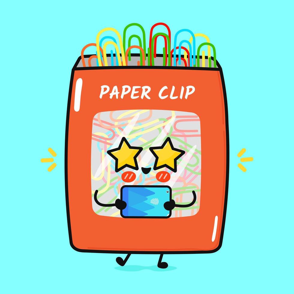 Paper clip with smartphone character. hand drawn cartoon kawaii character illustration icon. Isolated on blue background. Paper clip character concept vector