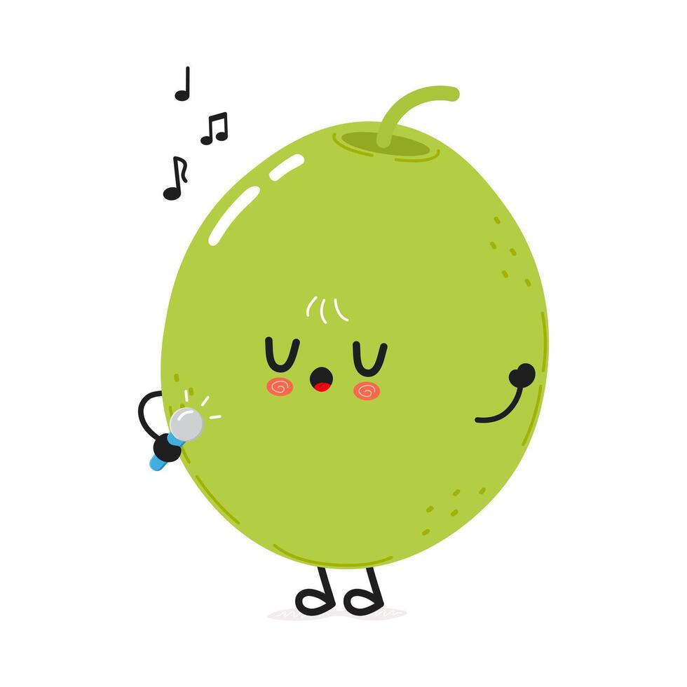 Cute green olive character singing into a microphone character. hand drawn cartoon kawaii character illustration icon. Isolated on white background. Green olive character concept vector