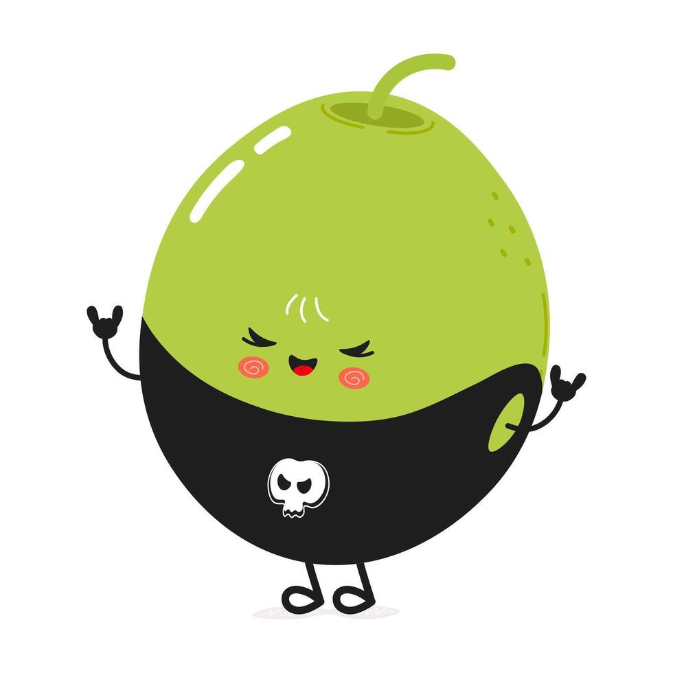 Cute cartoon olive character with a skull shirt and playful pose. hand drawn cartoon kawaii character illustration icon. Isolated on white background. Green olive heavy metal character vector