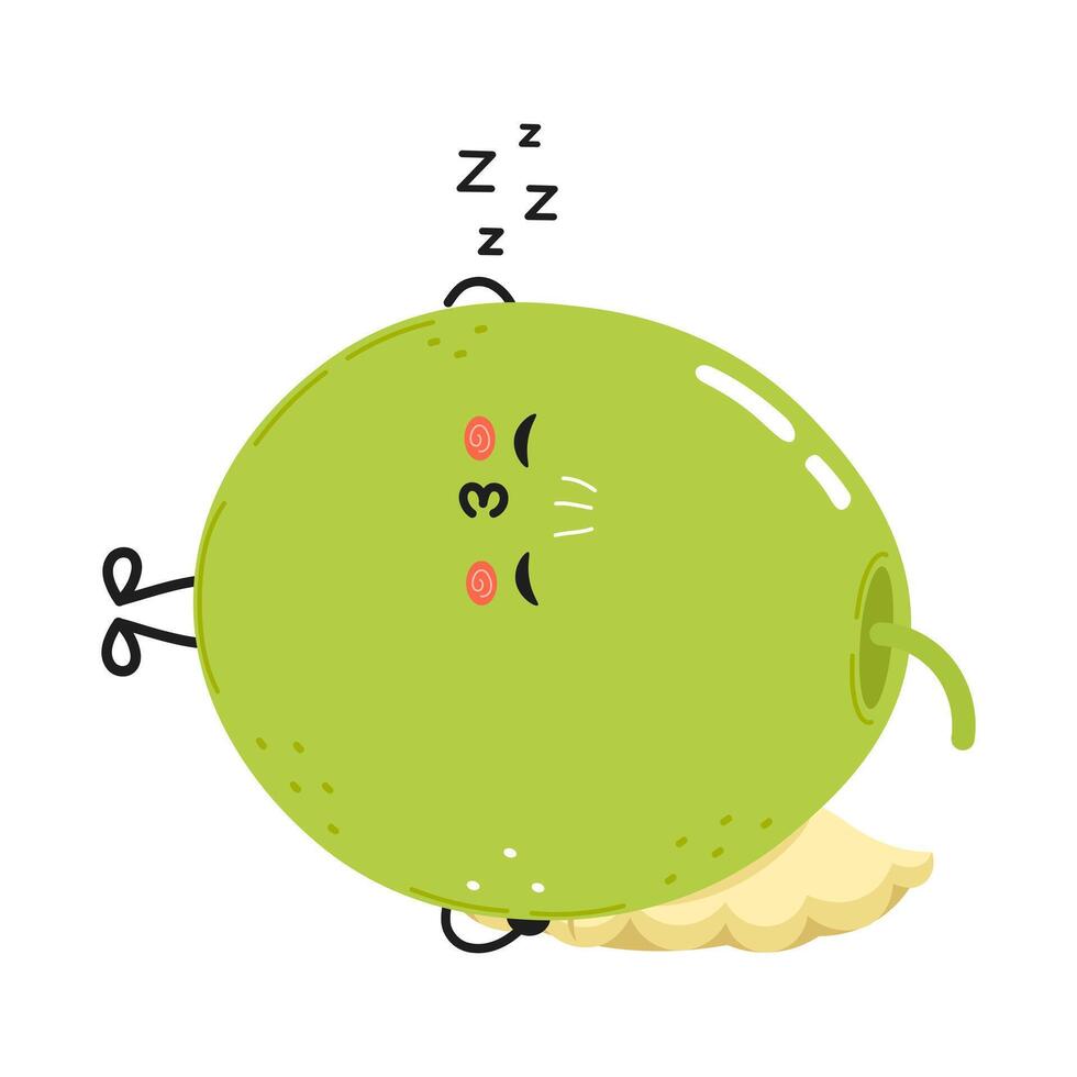 Cute sleeping Green olive character with a whimsical design. hand drawn cartoon kawaii character illustration icon. Isolated on white background. Green olive sleeping character vector