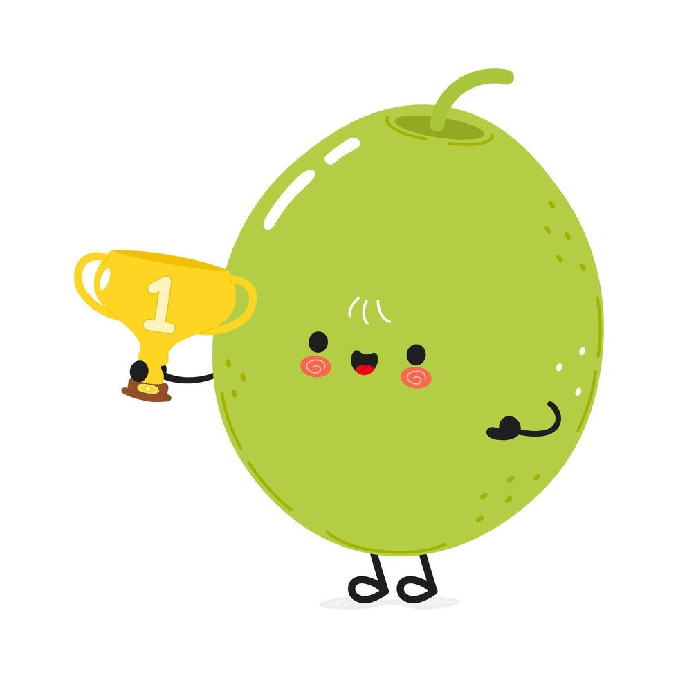 Cute cartoon Green Olive character holding a trophy. hand drawn cartoon kawaii character illustration icon. Isolated on white background. Green Olive with winner trophy cup vector