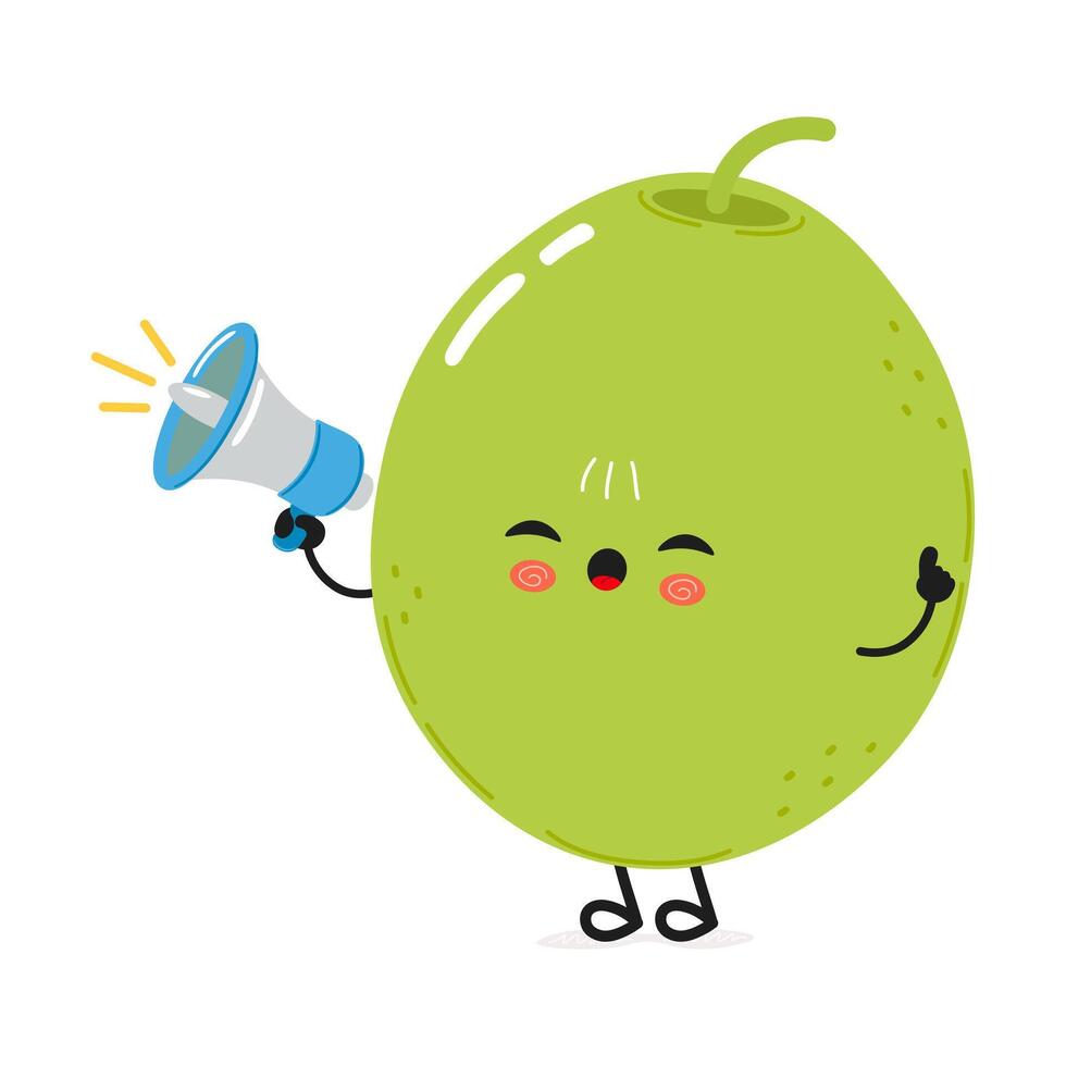 Cheerful Green olive character holding a megaphone. hand drawn cartoon kawaii character illustration icon. Isolated on white background. Green olive screams character concept vector