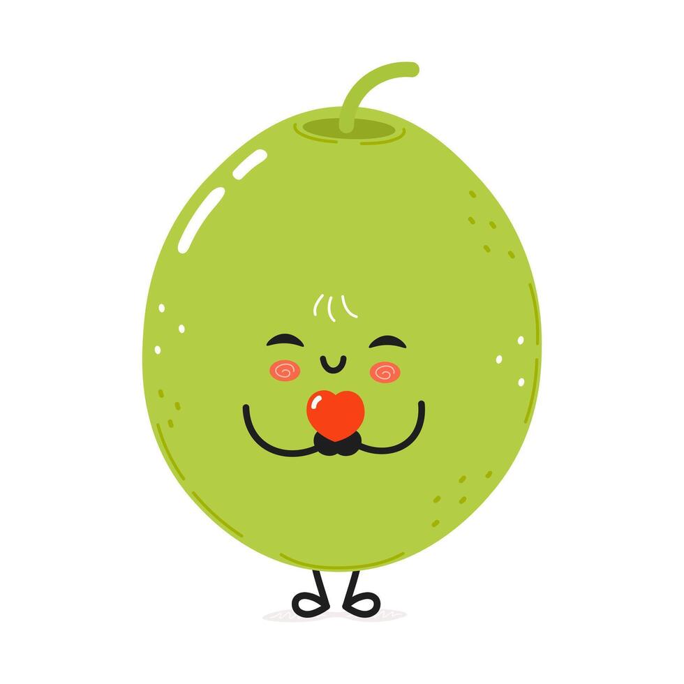 Cute smiling olive character holding a heart in hands. hand drawn cartoon kawaii character illustration icon. Isolated on white background Green olive in love character concept vector