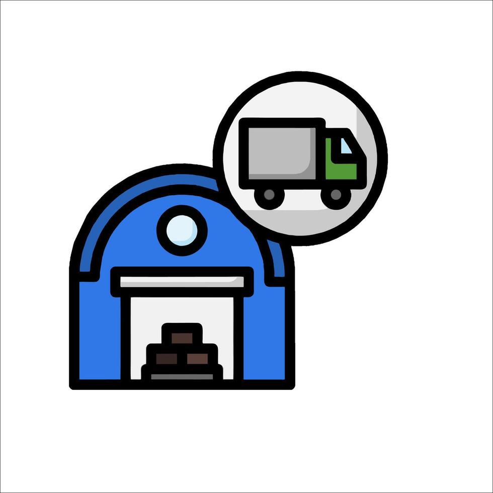 A blue and white icon of a truck and a warehouse vector