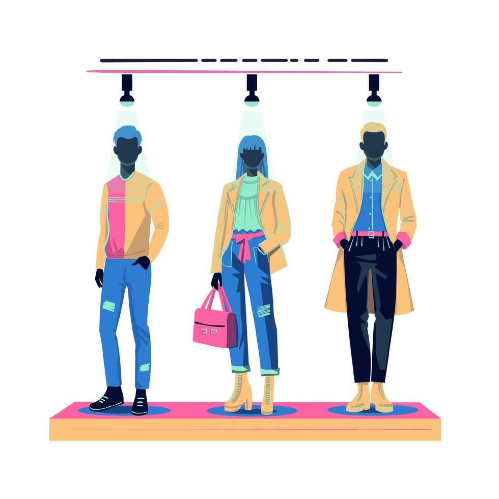 Stylized fashion mannequins display showcase in boutique. Modern flat illustration scene. vector