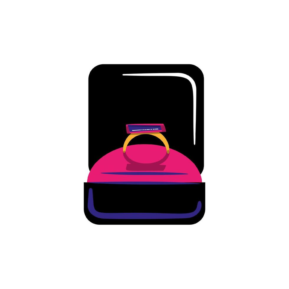 Golden ring jewelry showcase box flat illustration. vector