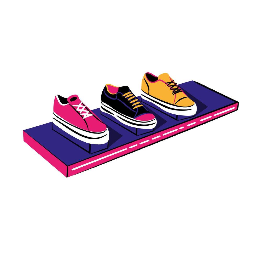 Fashionable modern hoes standing on showcase. vector