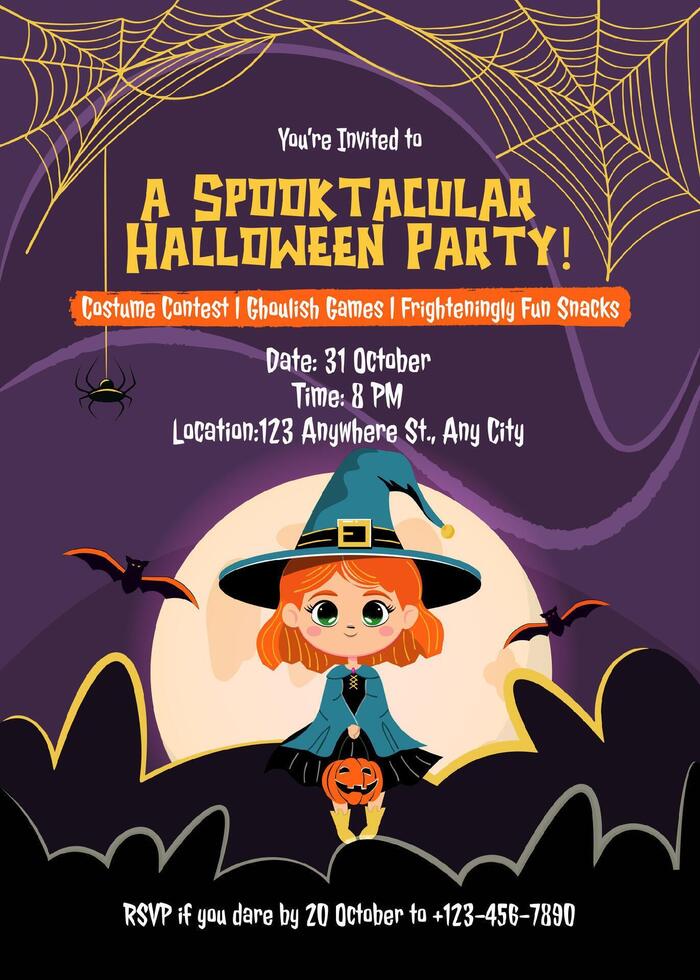 Cute red haired Halloween witch girl. Halloween party invitation template. vector