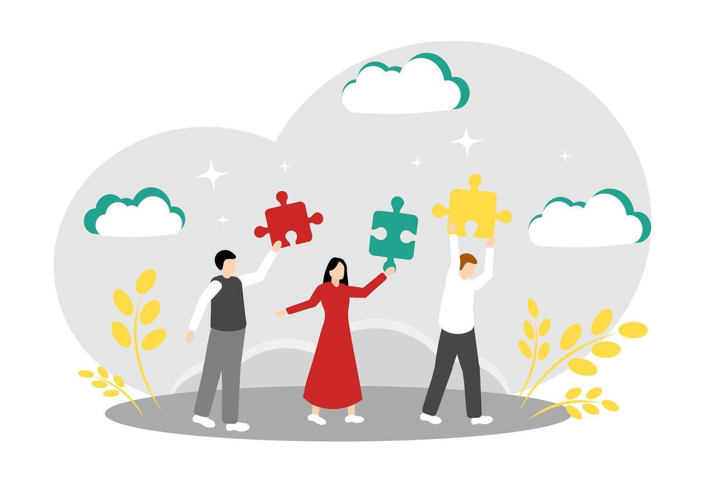 The concept of problem solving and teamwork. People with puzzles. vector