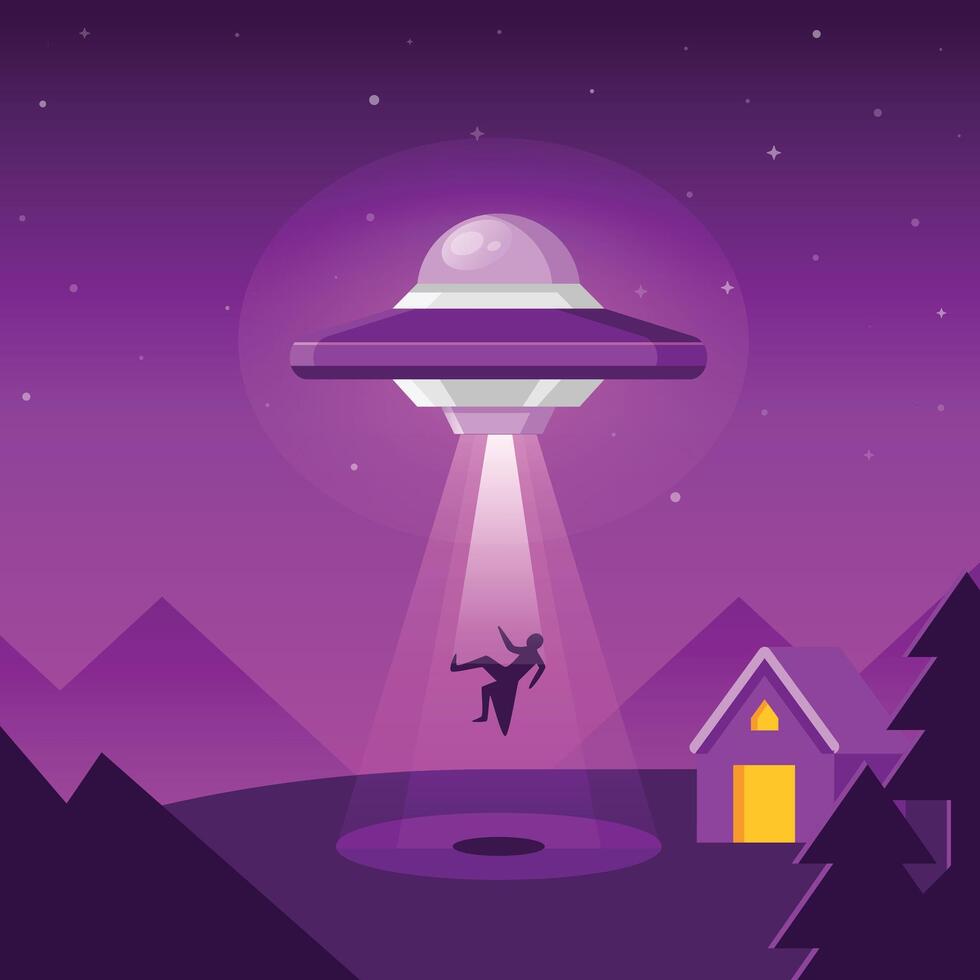 An alien spaceship abducts a human at night pro vector
