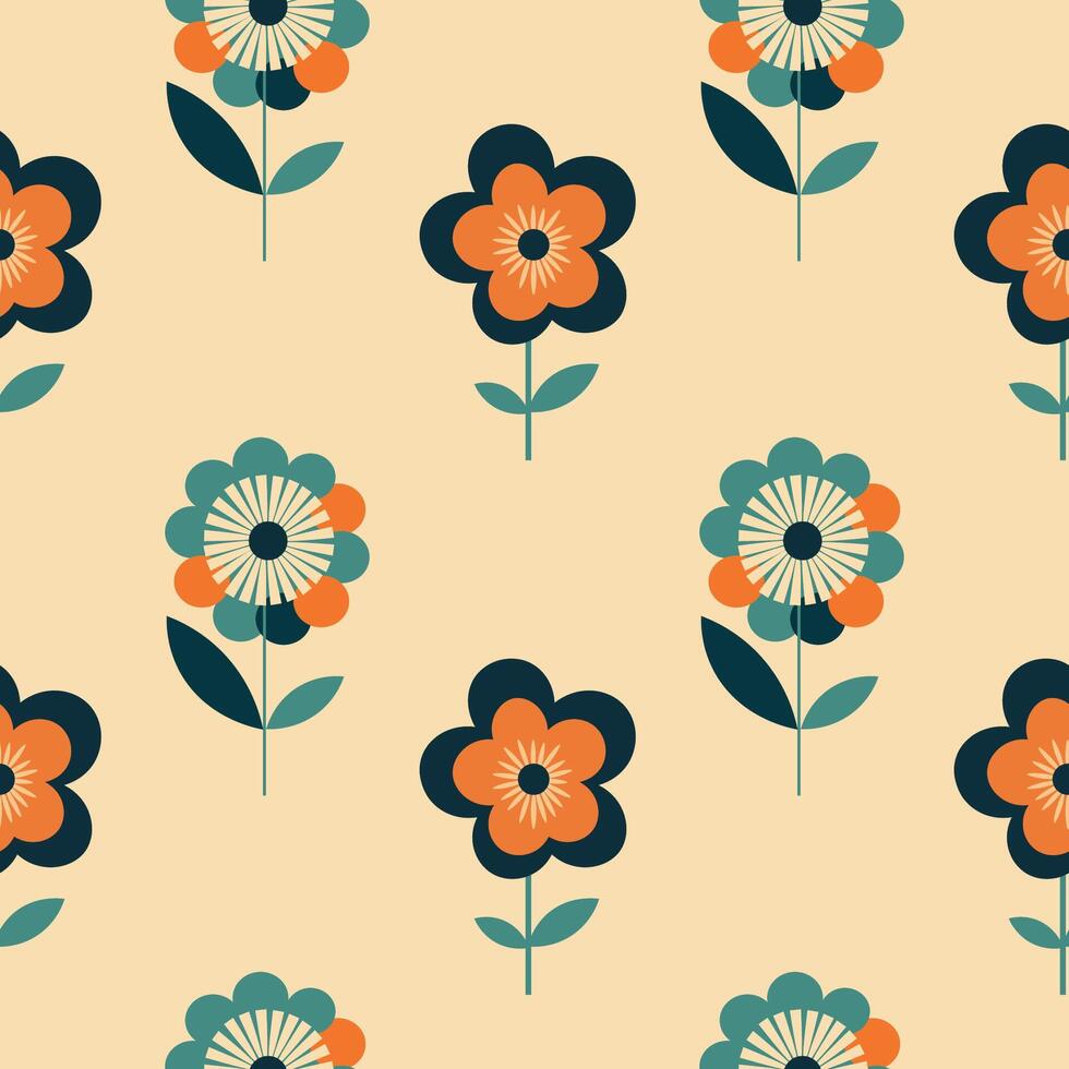 Seamless pattern with flowers in the style of the 60s. Repeating vintage background with plants in a minimalist style for design, textile, postcard, card, print, paper, wallpaper, banner vector