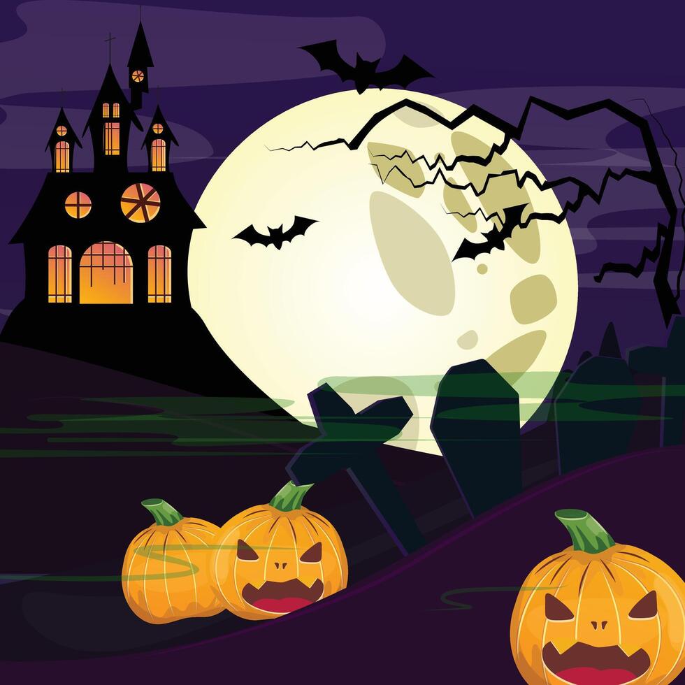 Spooky Halloween scene with pumpkins, a haunted house, bats, graveyard, creepy green mist flowing vector