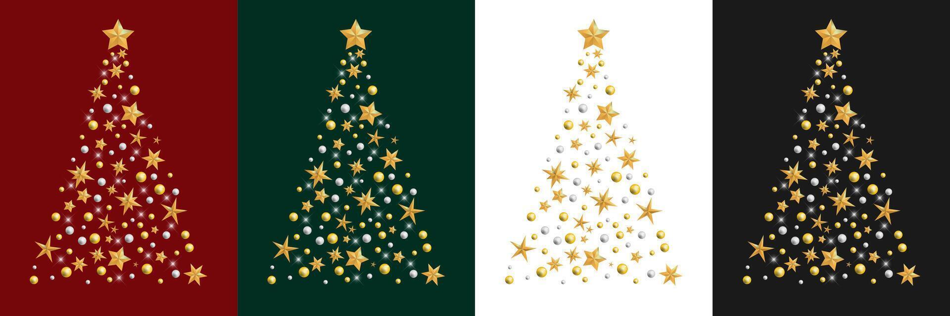 Happy New Year and Merry Christmas. Christmas tree with gold stars and beads on the different background. vector