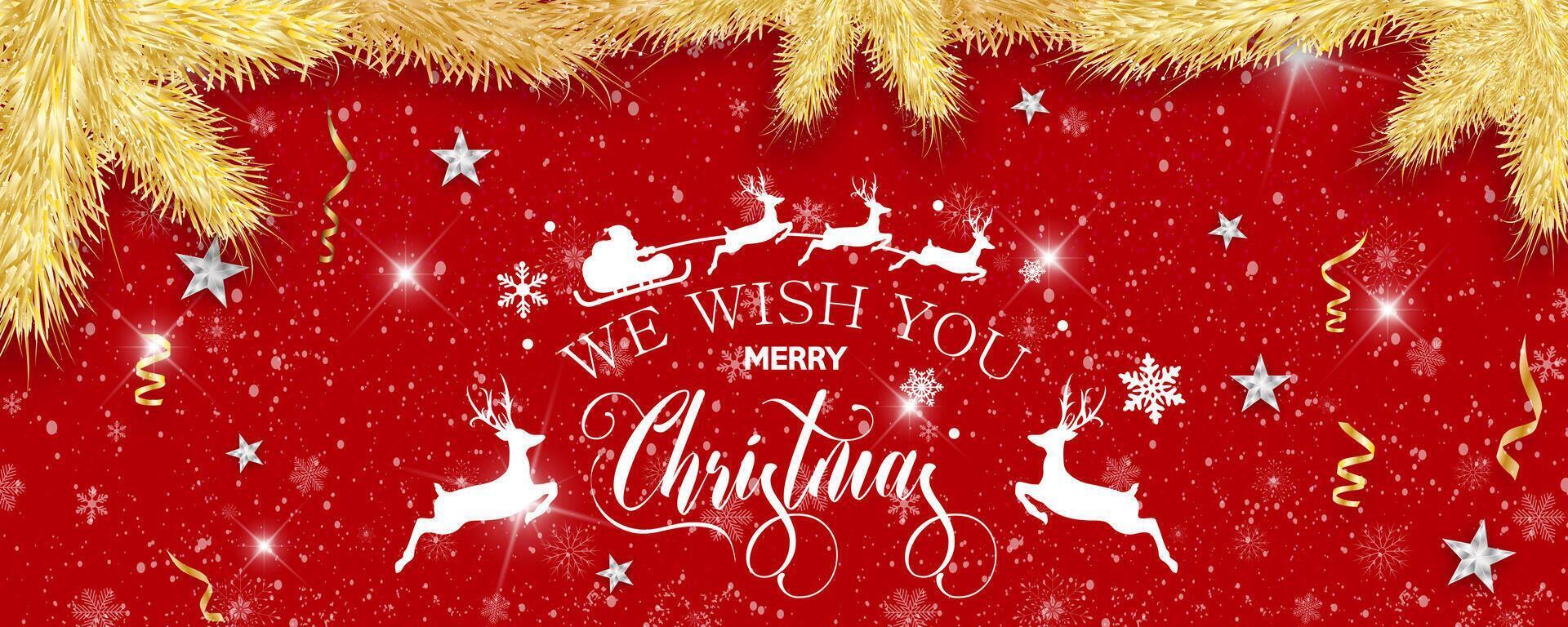 Gold Christmas and New Year background Xmas banner with snowflakes, light, stars and golden fir. Merry Christmas card. vector