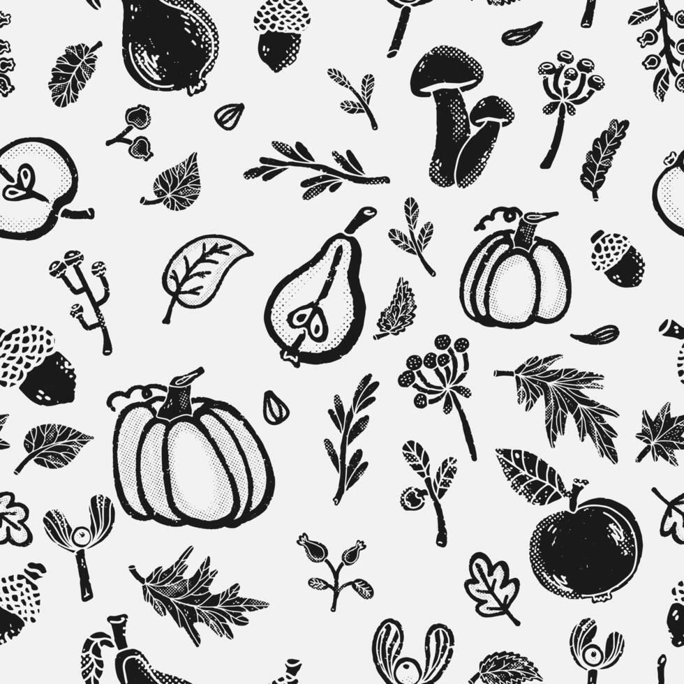 a black and white pattern with various fruits and vegetables vector