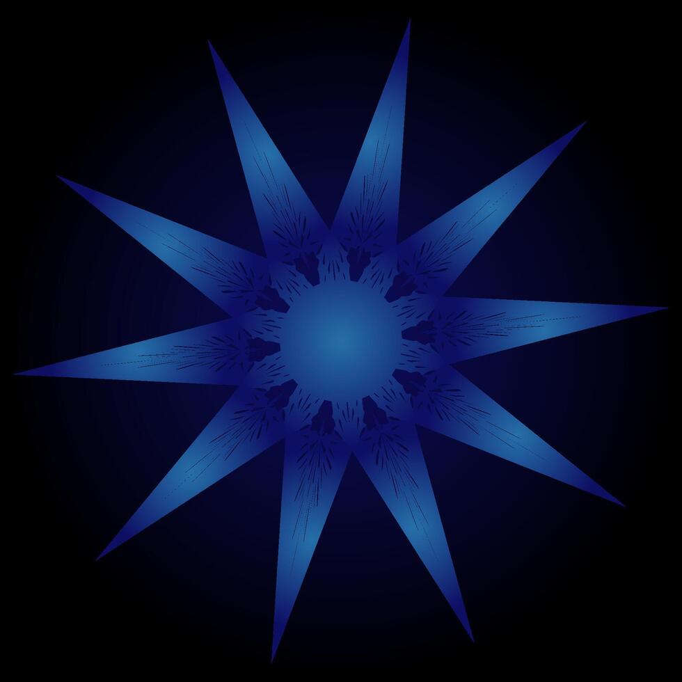 Stylized abstract star or snowflake design. Multi-pointed, spiky shape. Blue with gradient effect. Dynamic and textured appearance. Set against a dark background. Celestial and winter symbolism. vector