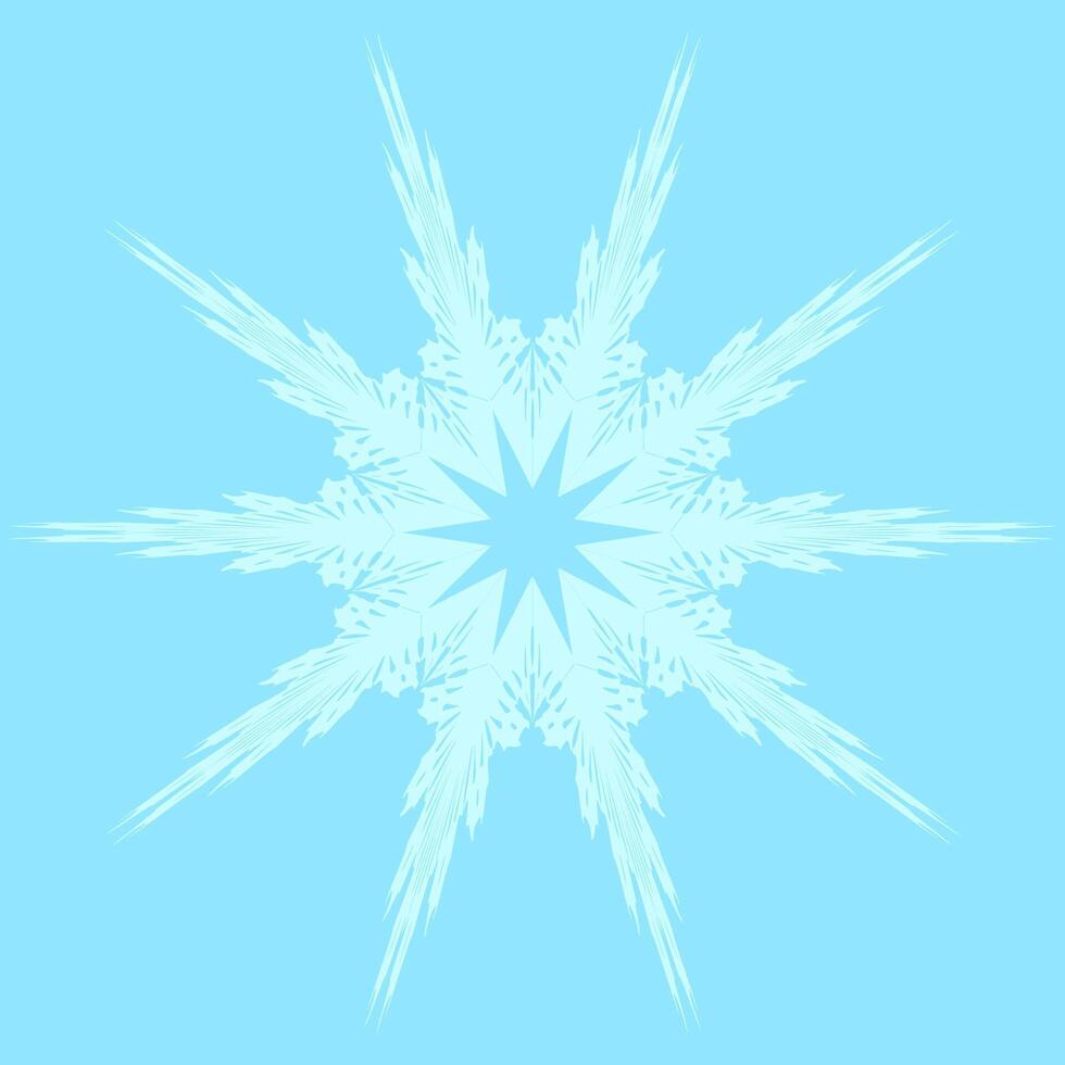 Symmetrical six-pointed snowflake or star. Delicate, lacy patterns radiate outward. Light blue snowflake on soft blue background. Calming effect. Elegant and intricate design. Winter-themed season. vector