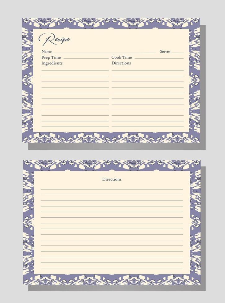 Recipe cards with purple and beige. Intricate geometric shapes and patterns. Decorative and functional design. Perfect for organizing and sharing recipes. Suitable for stationery, home and kitchen use vector
