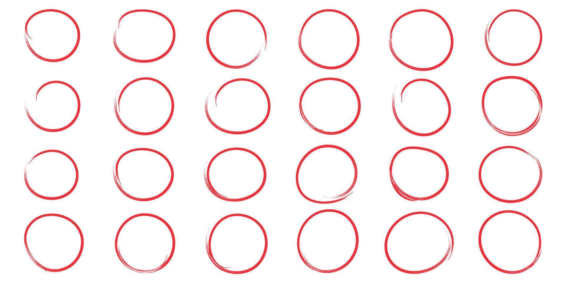 Handwritten Red round circles set. Pen or marker doodle scribble, pencil borders, grunge ovals, line frame i trendy hand drawn style. Isolated illustration vector