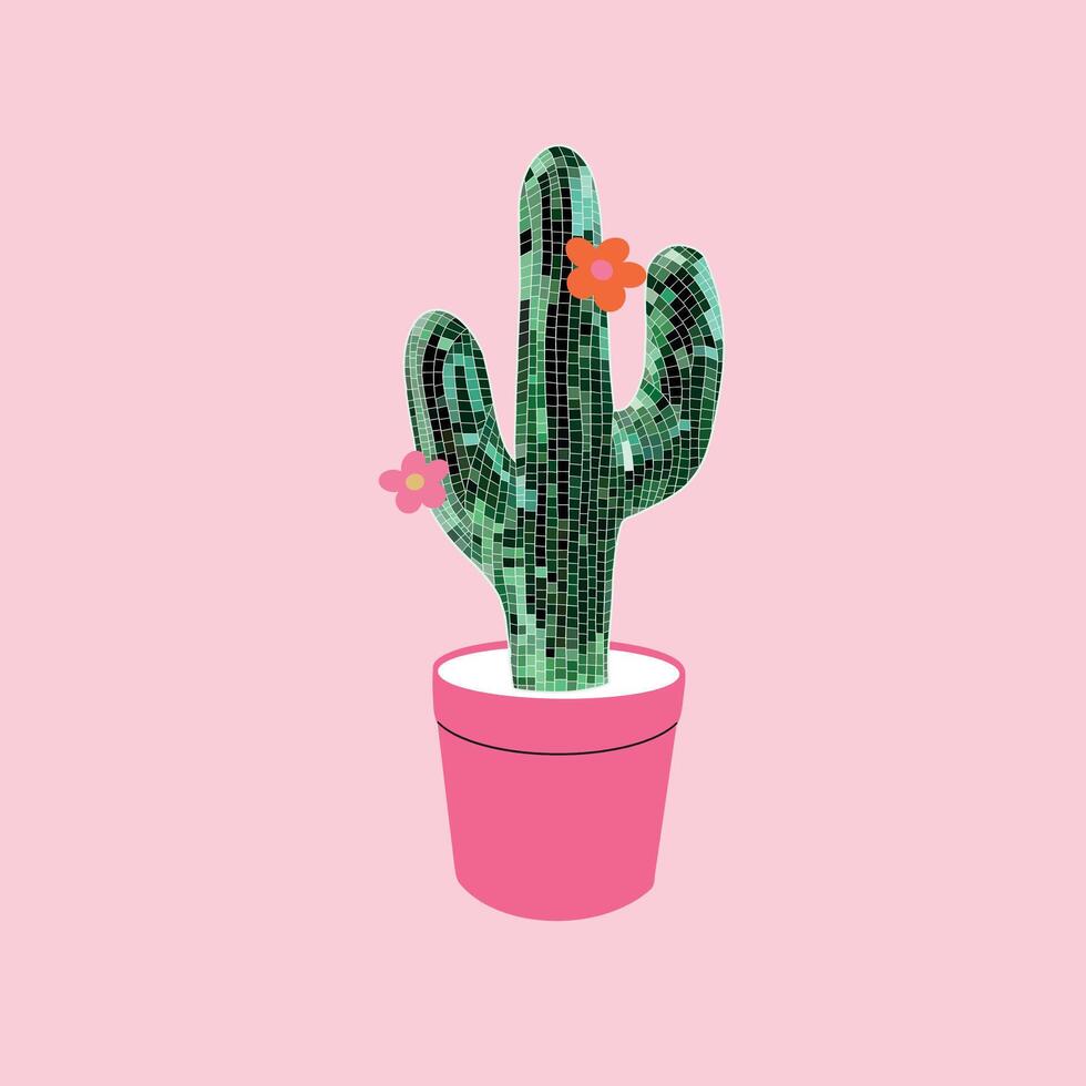 Disco cactus in flower pot. Western trendy design. Wild west. Retro groovy vibes. Cowgirl disco background. Hand drawn illustration vector