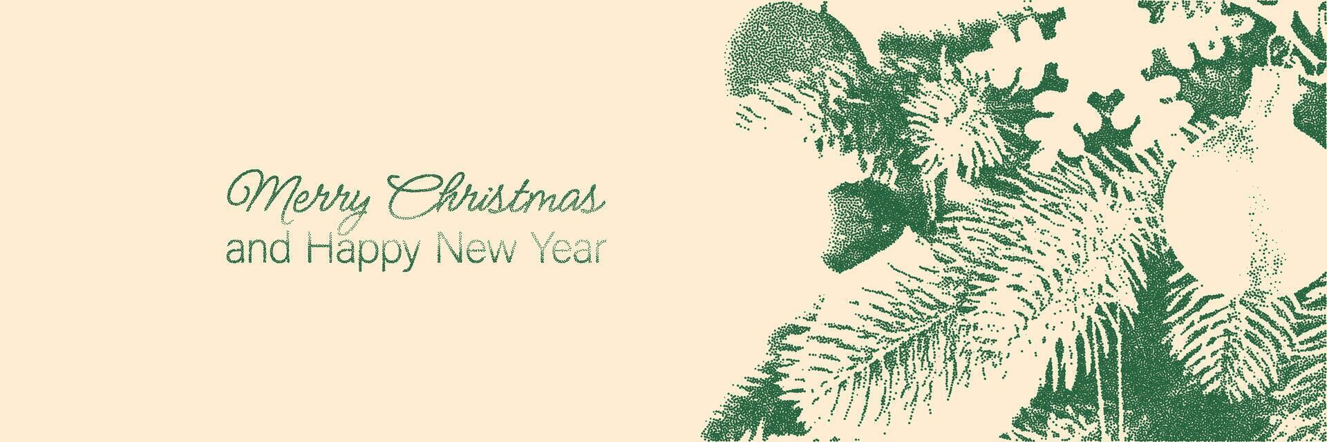 Trendy halftone photocopy stipple effect banner template with a decorated Christmas tree branches. Grunge punk grainy dotted collage art design. Modern retro duotone illustration vector
