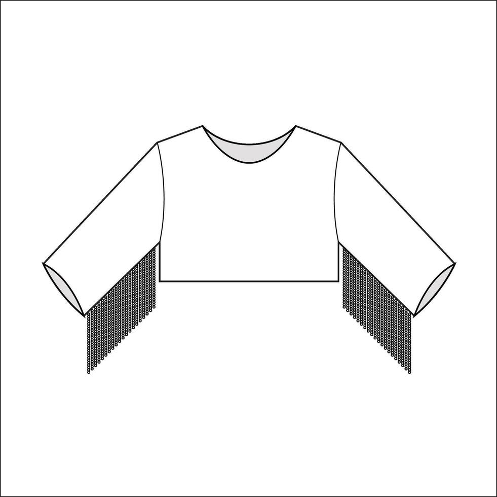 Crop round neck t shirt with under sleeve tassel sketch vector