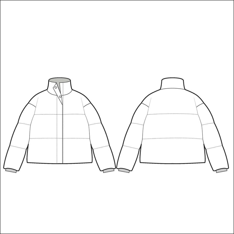 Padded puffer down jacket. Oversized winter quilting coat. technical sketch. Mockup template. vector