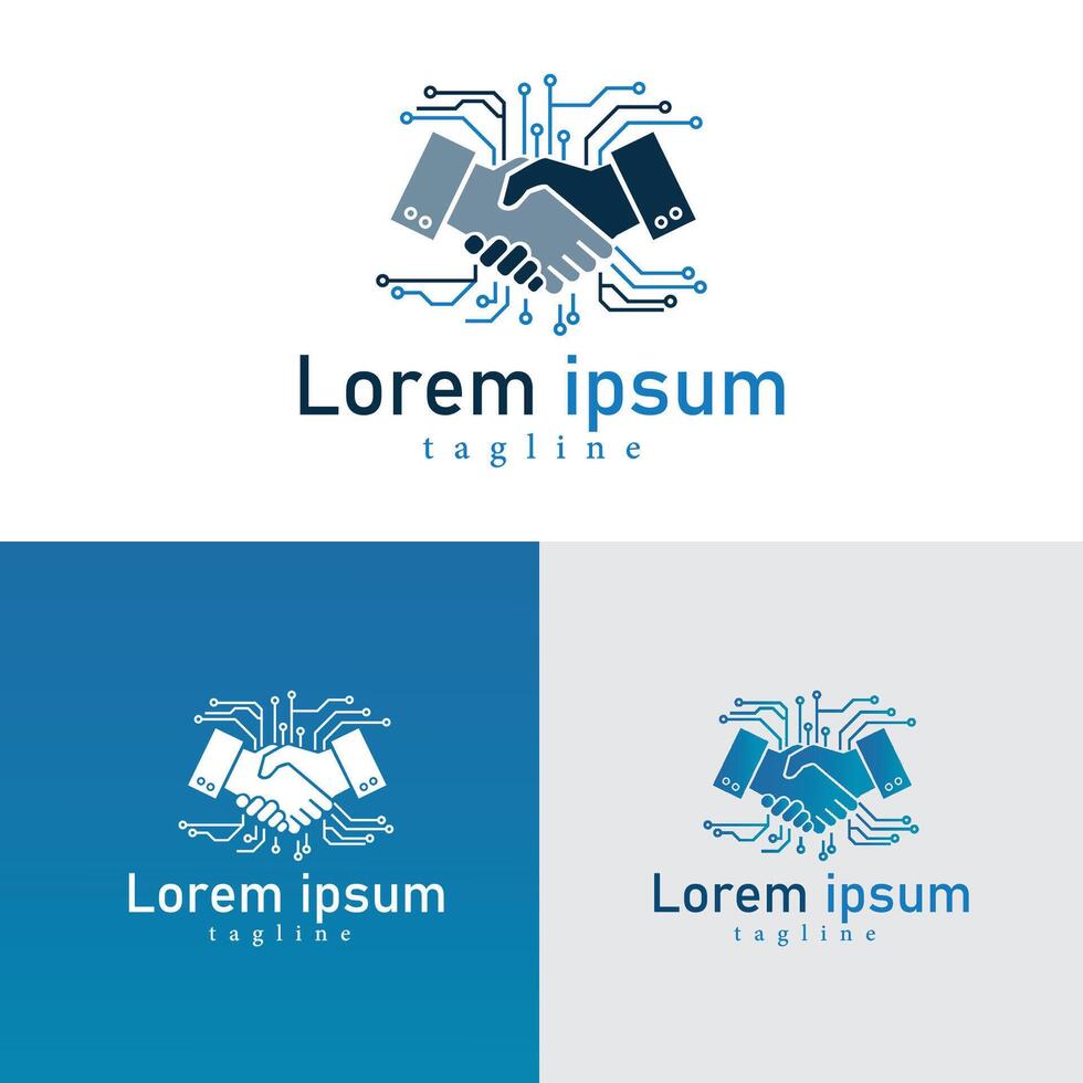 Tech Partnership Logo Premium Handshake and Circuit Design vector