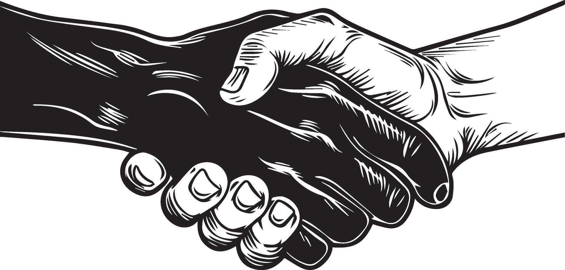 Black Silhouette and Outline Handshake Icon for Business and Finance Agreements, Linocut Style vector