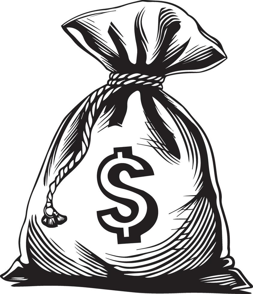 Black Outline Linocut Money Bag Icon for Finance and Business vector