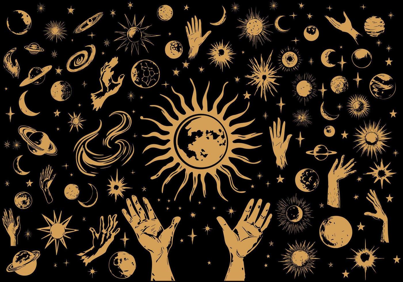 Celestial Illustration hand drawn Set. Sun, moon, stars and space with mystery hands. Collection planets, comets, galaxies, magical hands, and other space elements. Drawing silhouette and cosmos vector