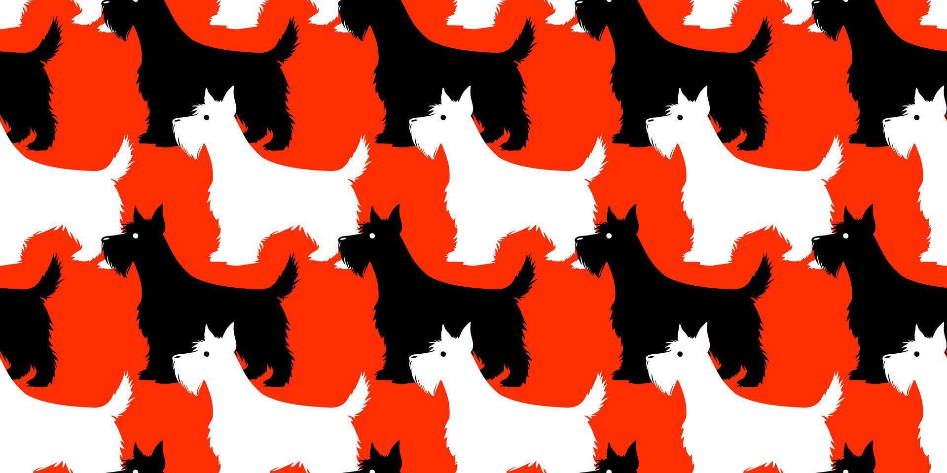 seamless pattern with black and white scotch terriers on red background. vector