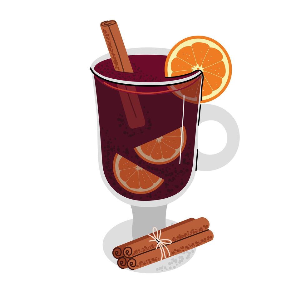 Mulled wine. Hot spicy drink with oranges, cinnamon and badian. illustration in flat style. White isolated background. vector