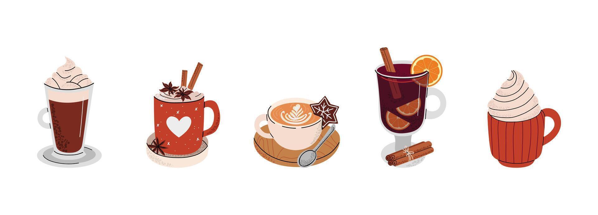 set of hot drinks. Coffee, latte, cappuccino, mulled wine. Autumn and winter drinks in cute cups. Flat illustration on white isolated background. vector