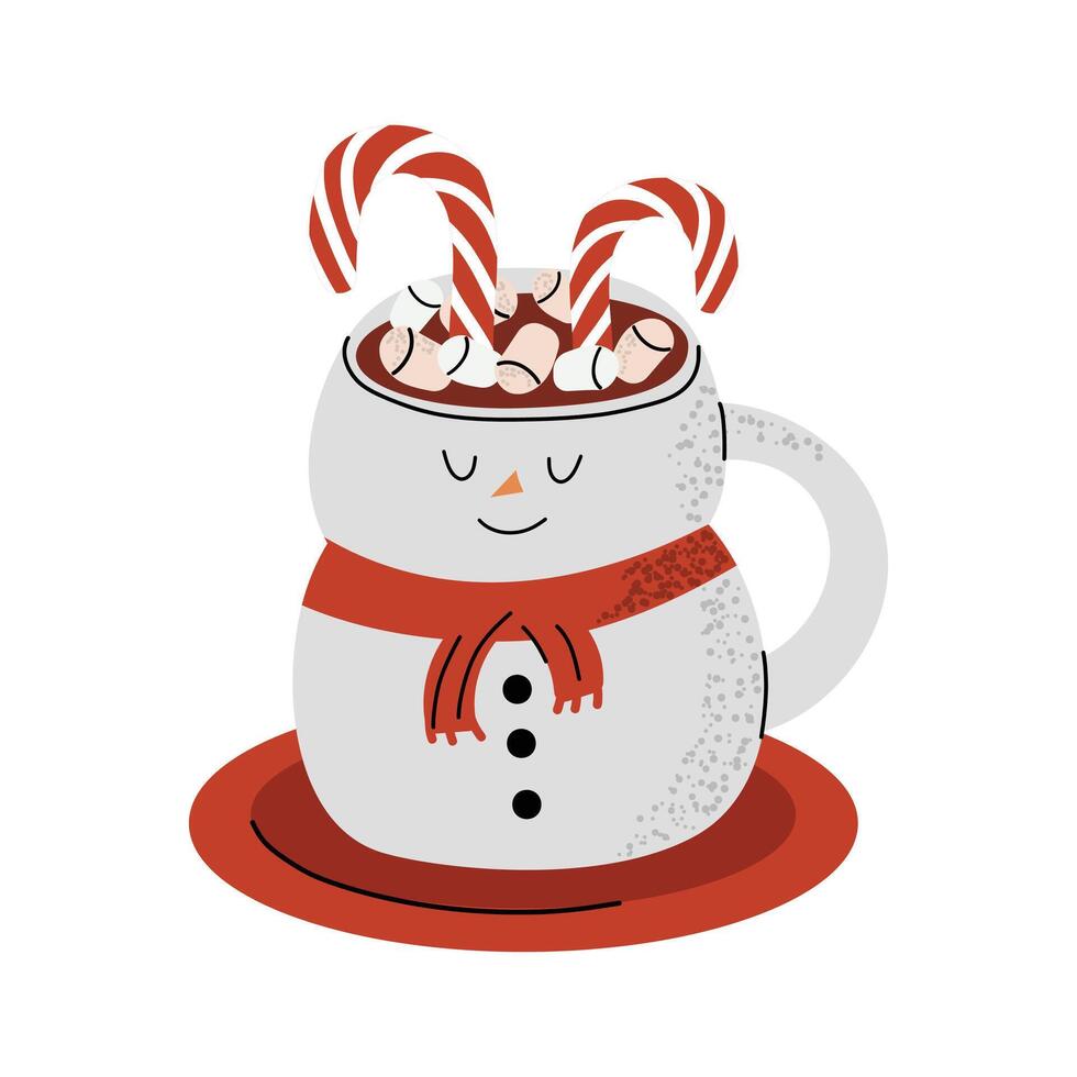 Cup in the shape of a snowman. Cute winter cup with coffee and marshmallow. illustration in flat style. White isolated background. vector