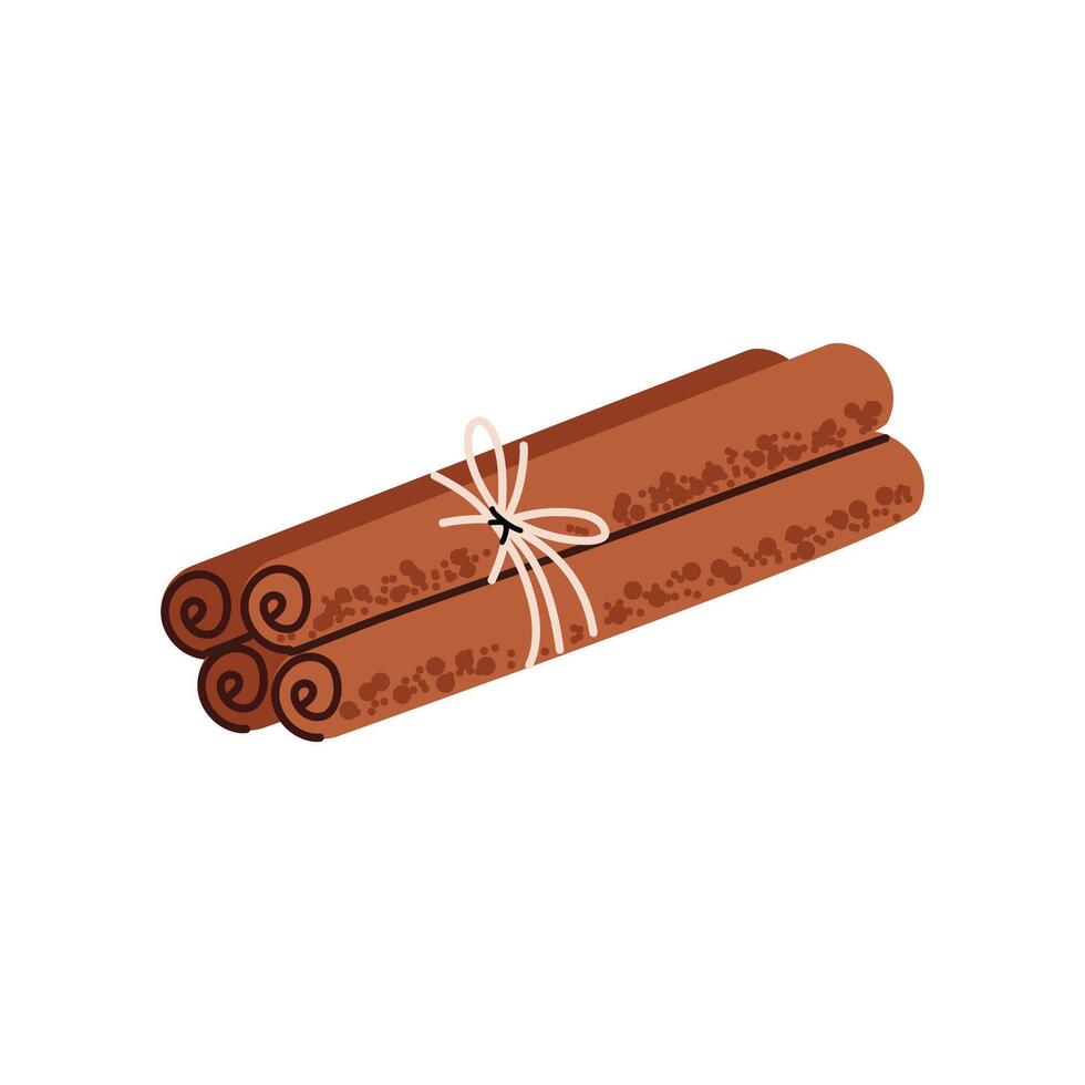 Pile of cinnamon sticks baking isolated on white background. Sweet cooking and bakery spices, organic aroma elements, fragrant bark rolled into tubes, ingredient culinary. Colored illustration. vector
