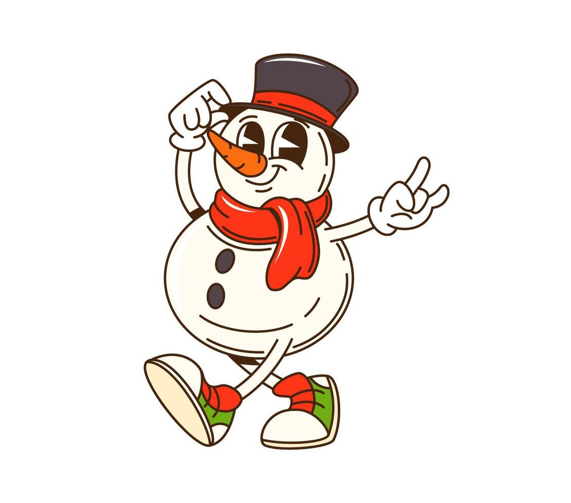 Cartoon groovy Christmas snowman retro character vector