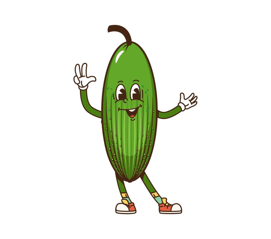 Cartoon groovy cucumber vegetable retro character vector