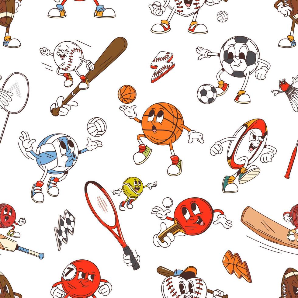 Retro groovy sport characters pattern background vector