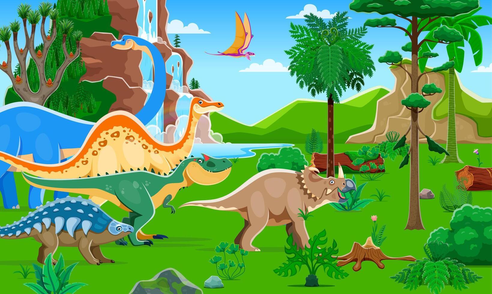 Prehistoric dinosaurs in Jurassic era dino park vector