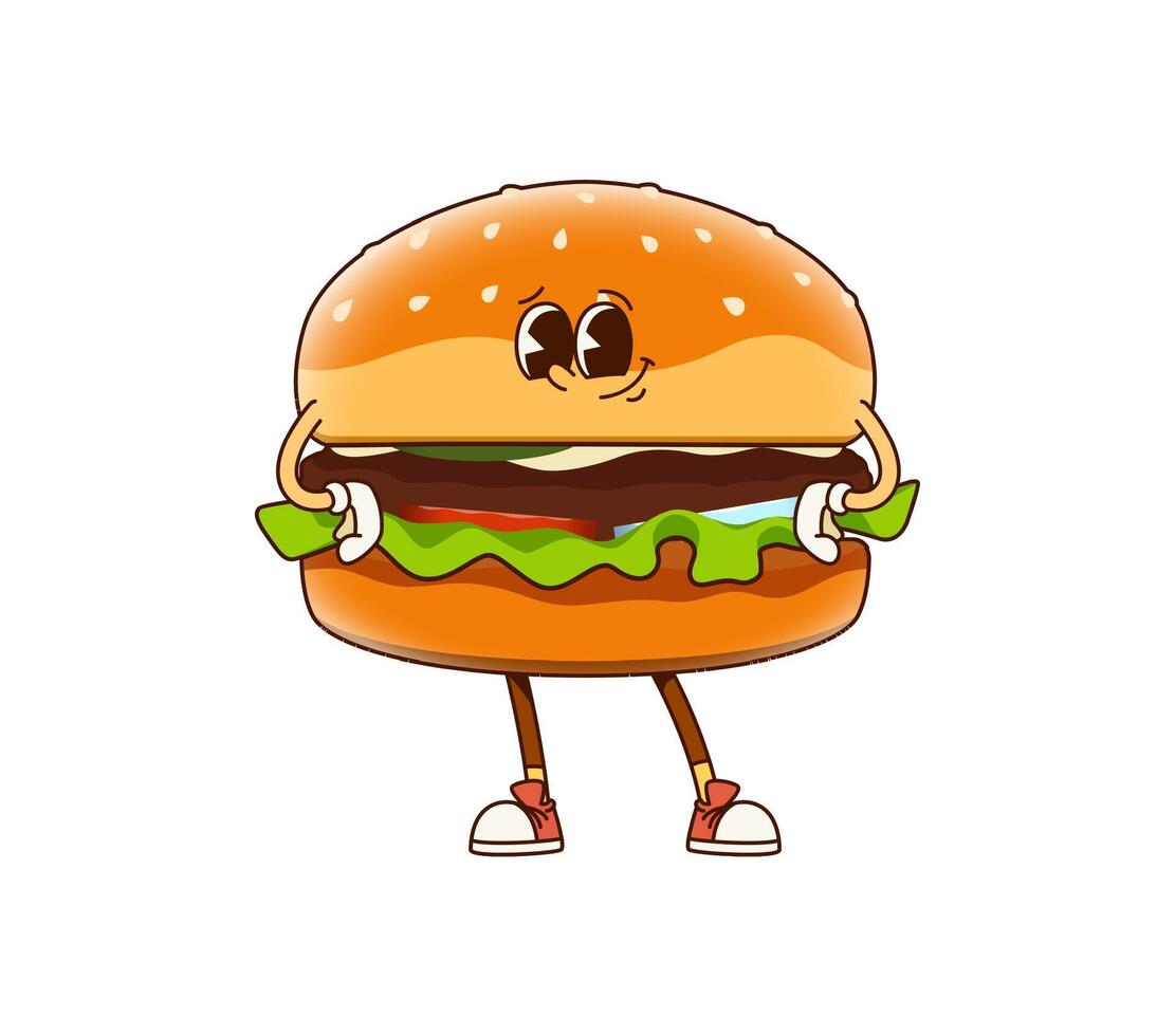 Groovy fast food burger character standing akimbo vector