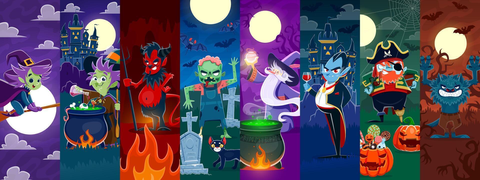 Cartoon Halloween characters spooky collage vector