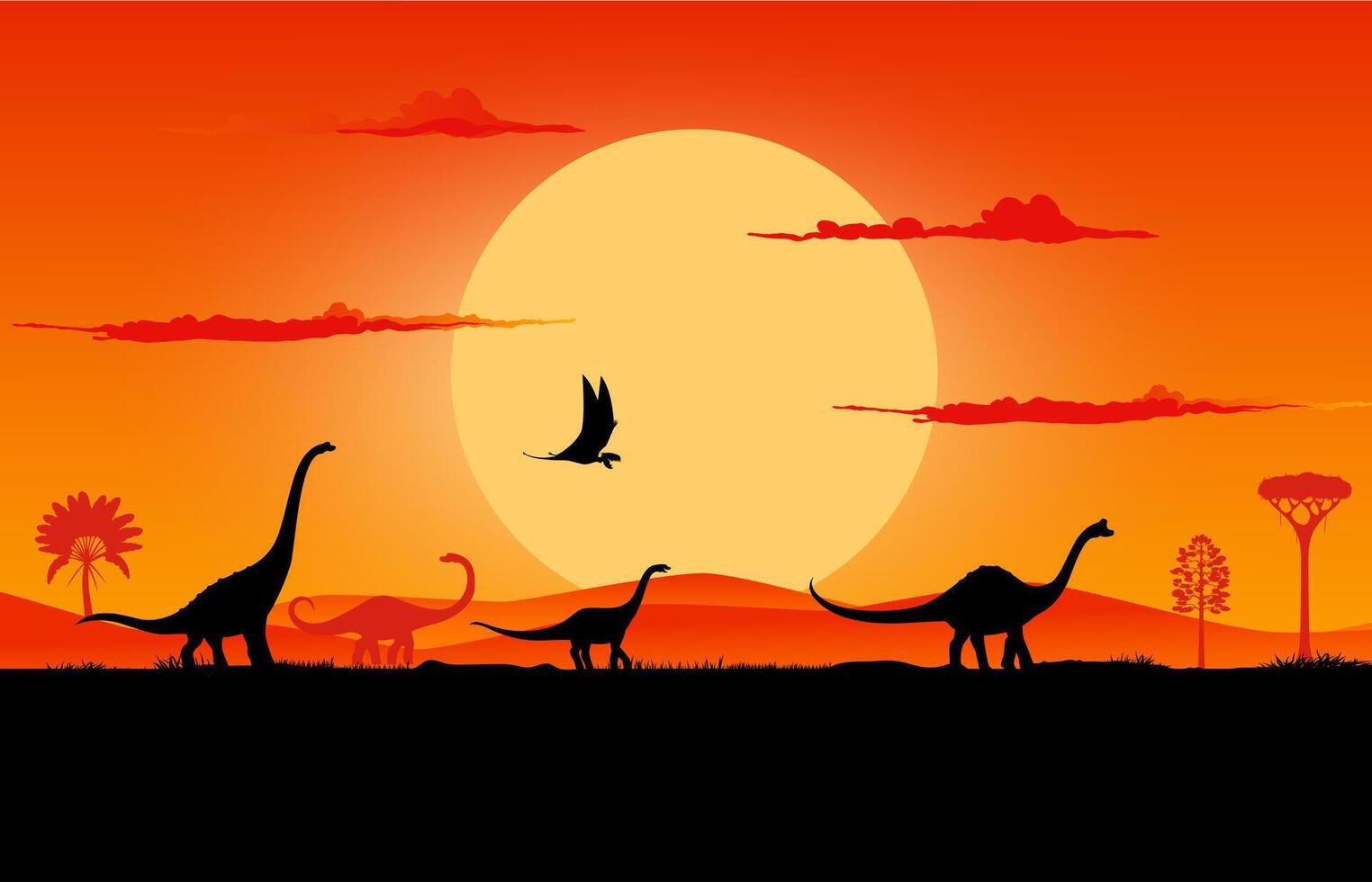Sunset landscape, prehistoric dinosaur silhouettes vector