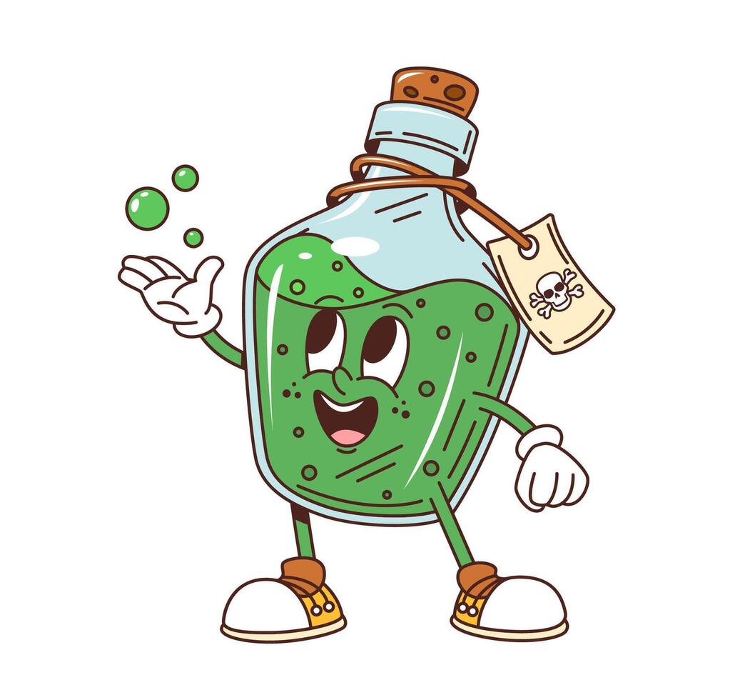 Cartoon groovy Halloween potion bottle character. vector
