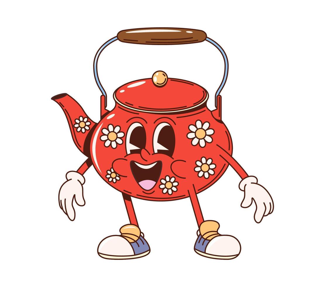 Kettle retro groovy kitchenware utensil character vector