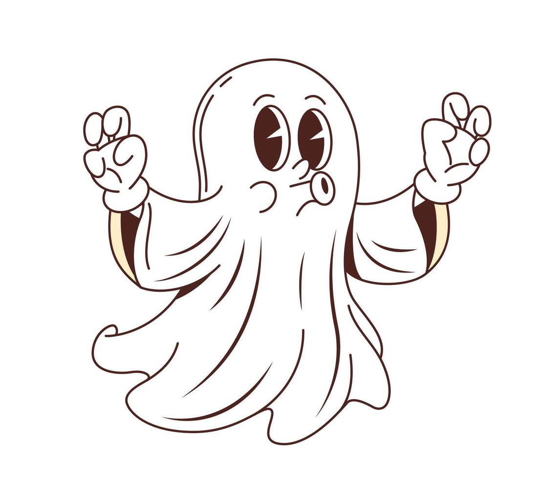 Cartoon groovy Halloween ghost character says boo vector
