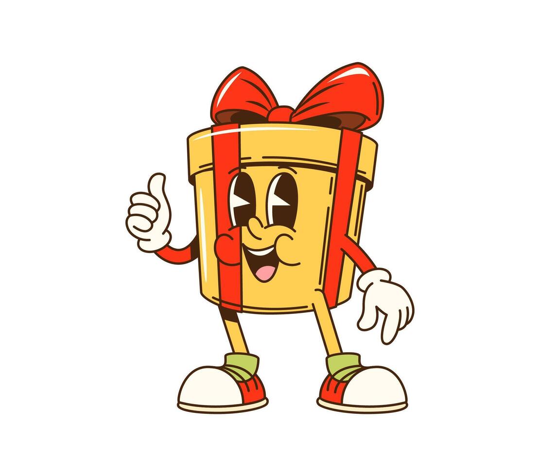 Cartoon groovy Christmas gift box with red bow vector