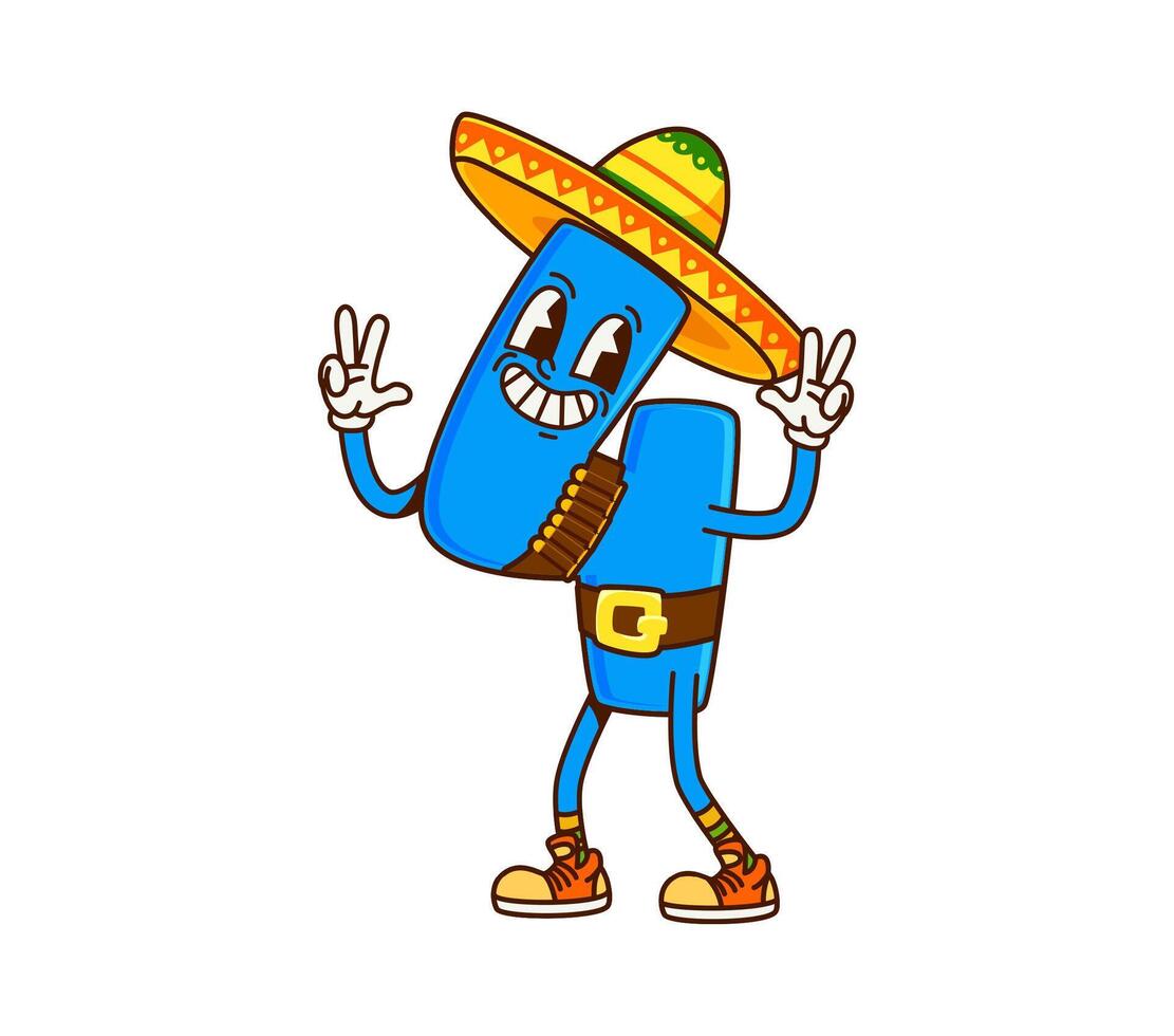 Cartoon groovy math number four cowboy in sombrero vector